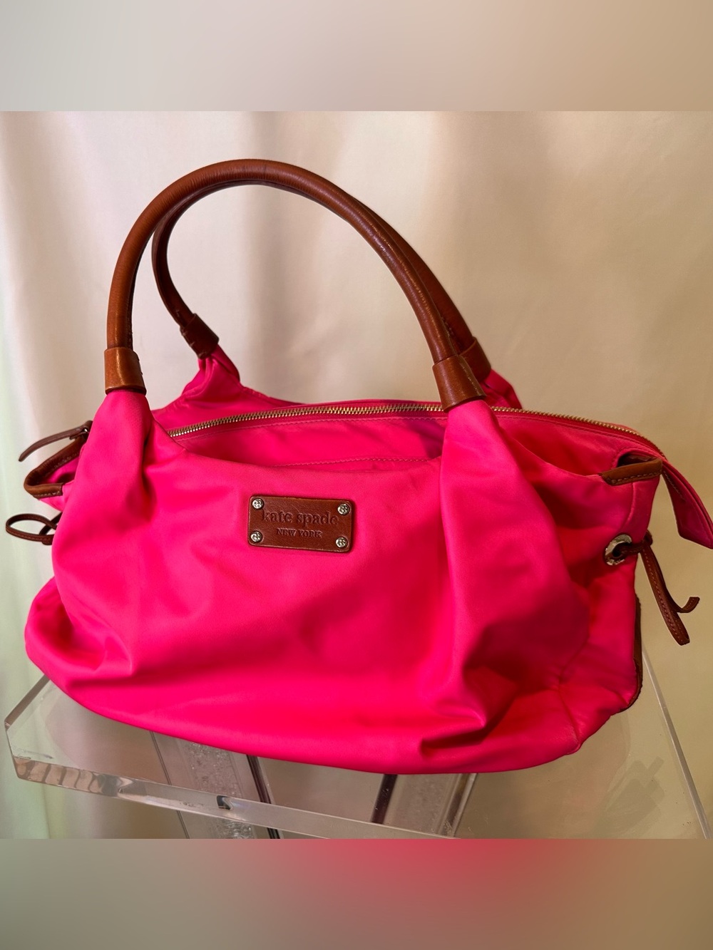 kate spade Hot Pink Nylon slouchy shoulder Tote with Brown Leather trim